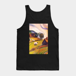 colourful oil painting of a farm with sheep Tank Top